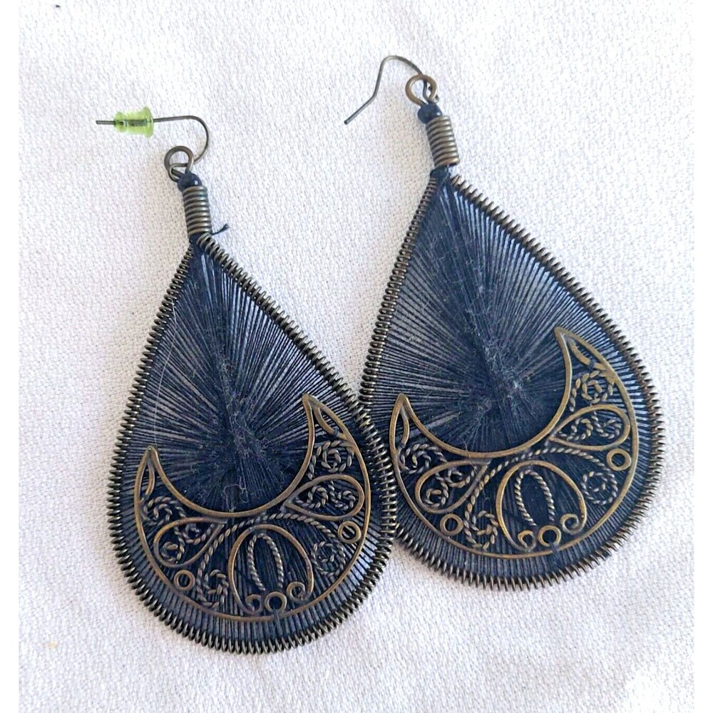 Large Teardrop Earrings String Art Black and Dark Brass Frame Filigree Detail 3"